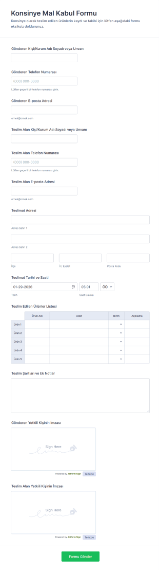 Konsinye Mal Kabul Form Şablonu