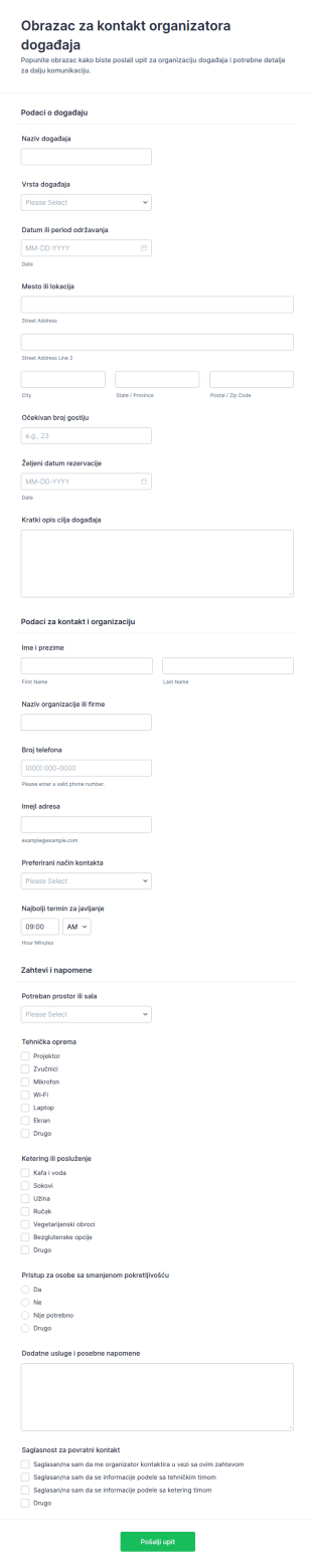 Kontakt Obrazac Za Organizatore Događaja