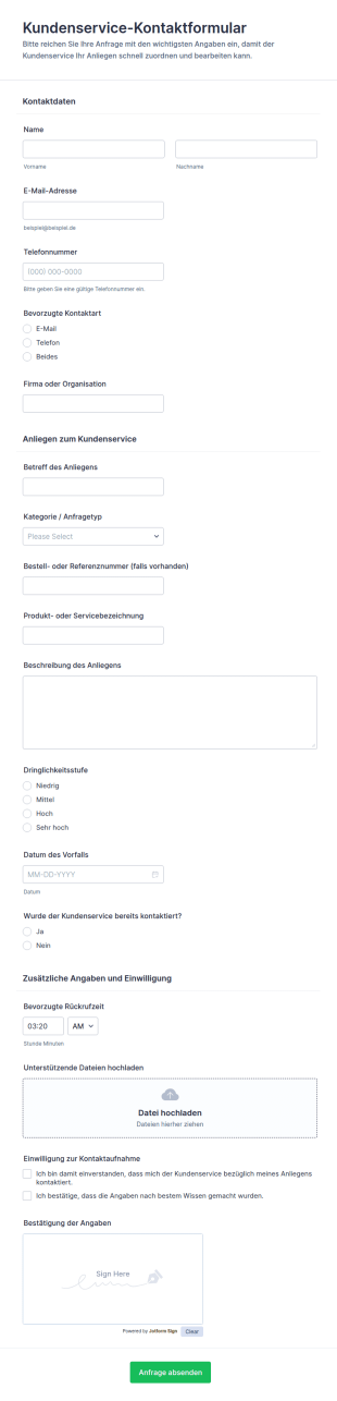 Kontaktformular Für Den Kundenservice
