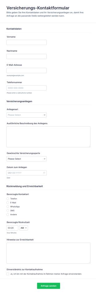 Kontaktformular Zur Versicherung