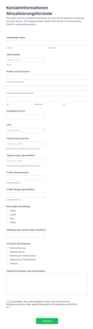Kontaktinformationen Aktualisierungsformular