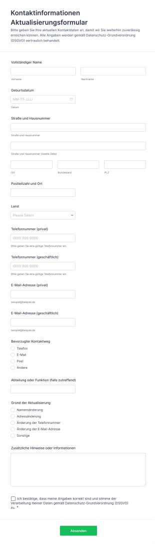 Kontaktinformationen Aktualisierungsformular