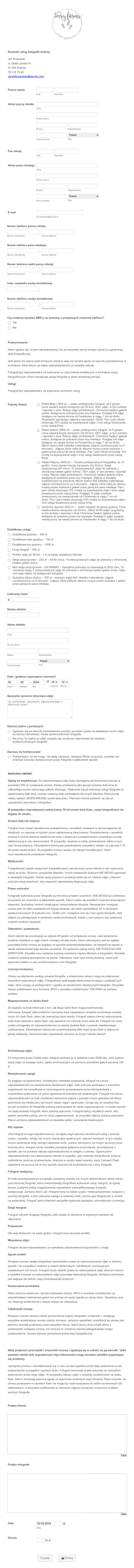 Kontrakt Fotografii Ślubnej Form Template