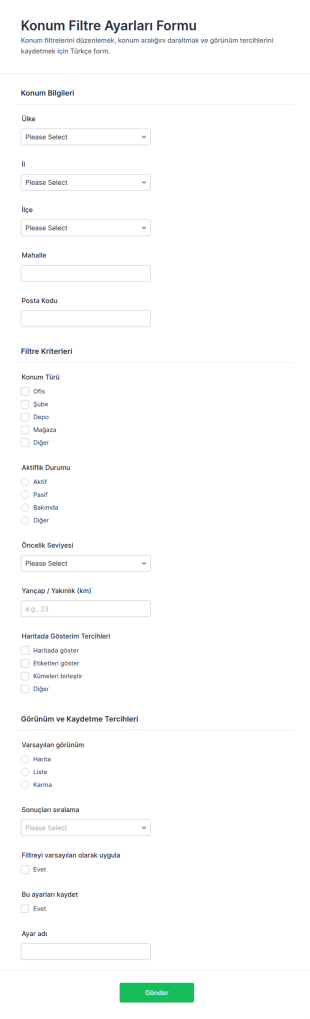 Konum Filtre Ayarları Form Şablonu