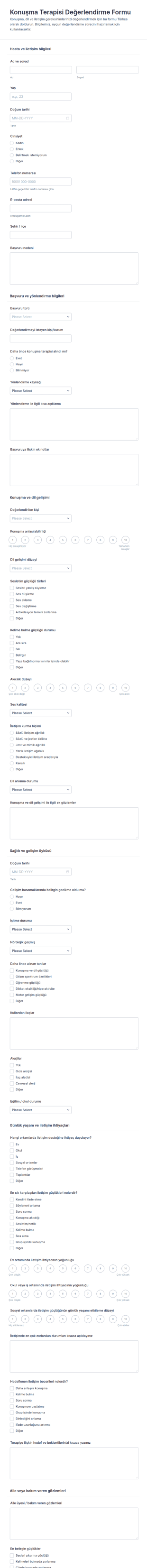 Konuşma Terapisi Değerlendirme Anketi Form Şablonu