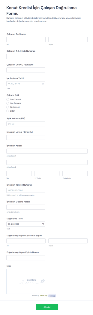 Konut Kredisi İçin Çalışan Doğrulama Form Şablonu