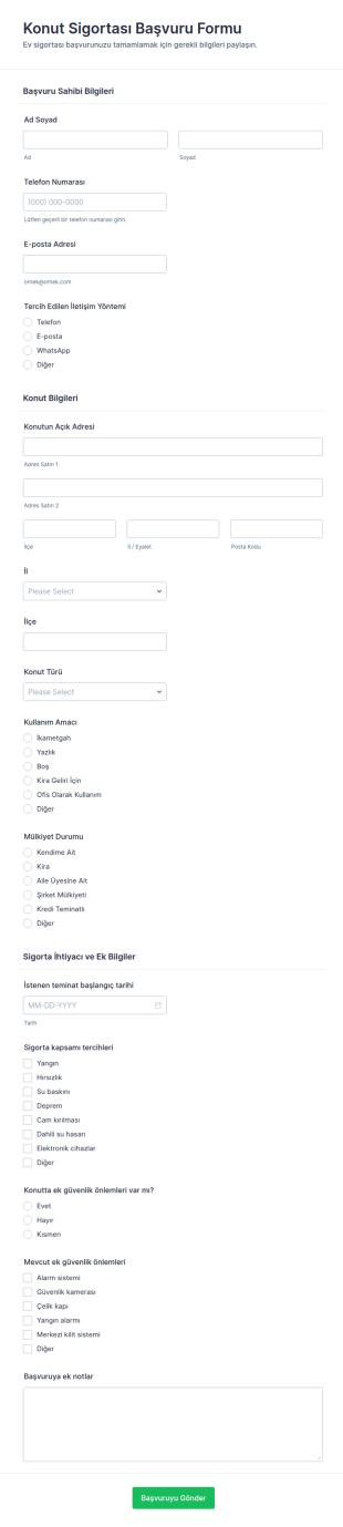 Konut Sigortası Başvuru Form Şablonu