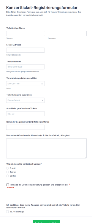 Konzertticket Registrierungsformular