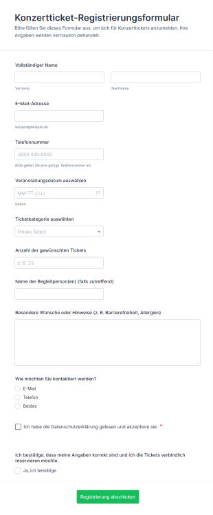 Konzertticket Registrierungsformular