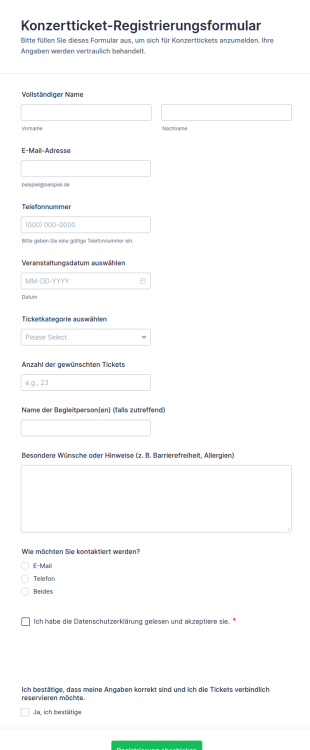Konzertticket Registrierungsformular