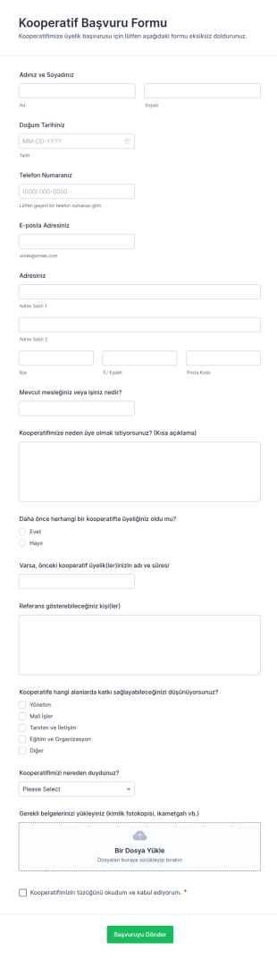 Kooperatif Başvuru Form Şablonu