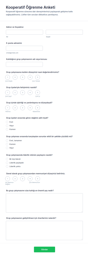 Kooperatif Öğrenme Anketi Form Şablonu