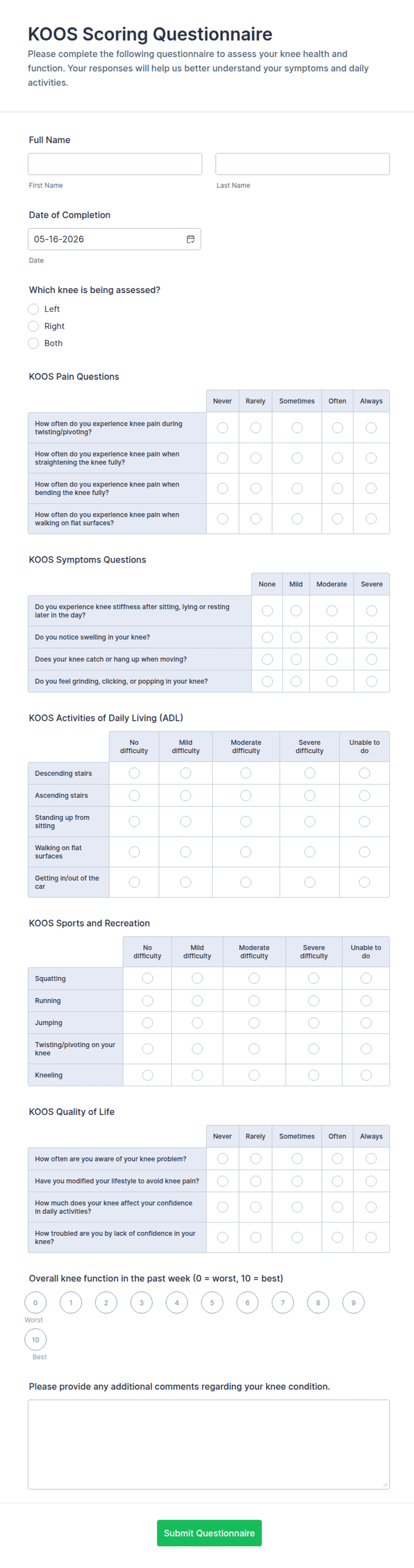 Koos Scoring Questionnaire Form Template | Jotform