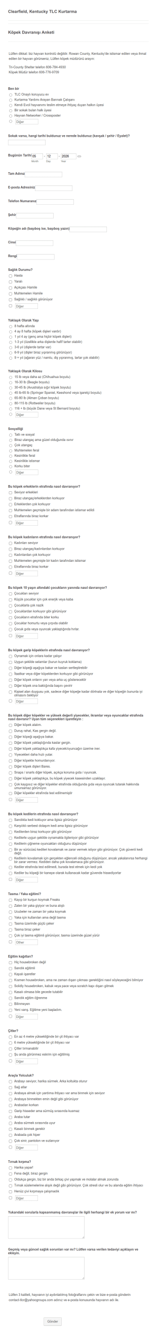 Köpek Davranışı Anketi Form Şablonu