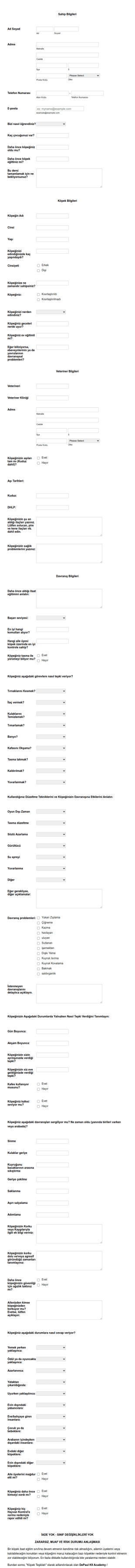 Köpek Eğitim Form Şablonu