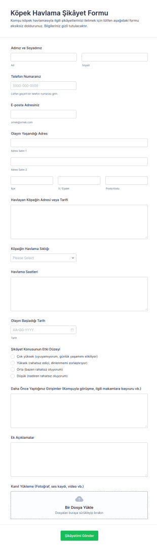 Köpek Havlaması Şikayet Formu 🐶 Form Şablonu