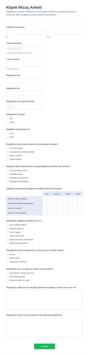 Köpek Mizaç Anketi Form Şablonu