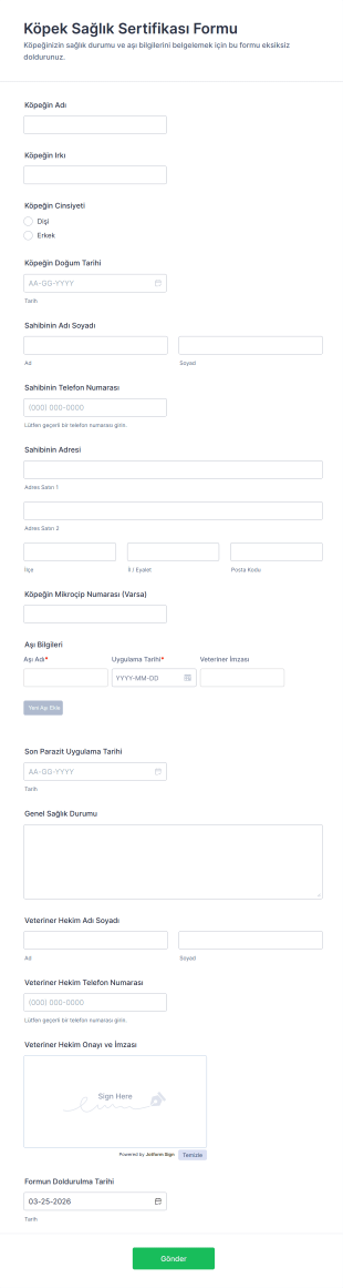 Köpek Sağlık Sertifikası Form Şablonu