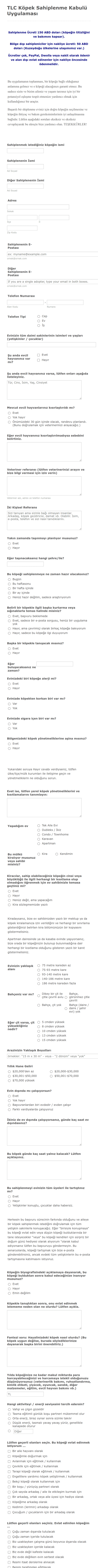 Köpek Sahiplenme Başvuru Form Şablonu