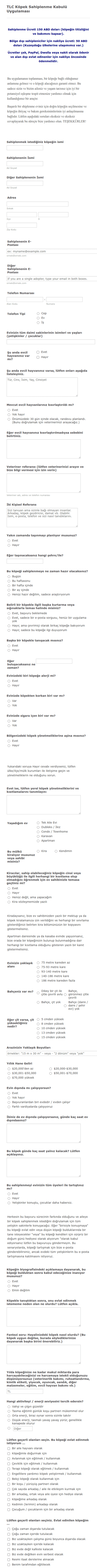 Köpek Sahiplenme Başvuru Form Şablonu