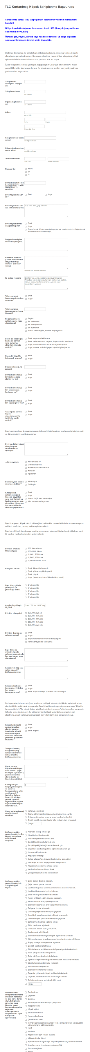 Köpek Sahiplenme Başvurusu Form Template