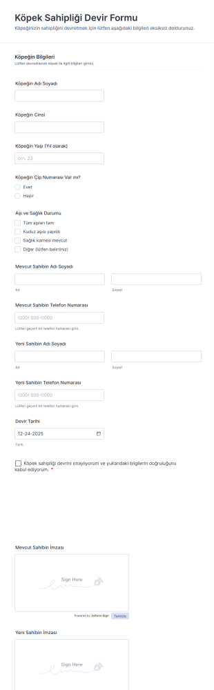 Köpek Sahipliği Devir Form Template