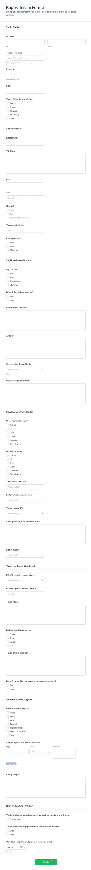 Köpek Teslim Alma İptal Formu 🐶 Form Şablonu