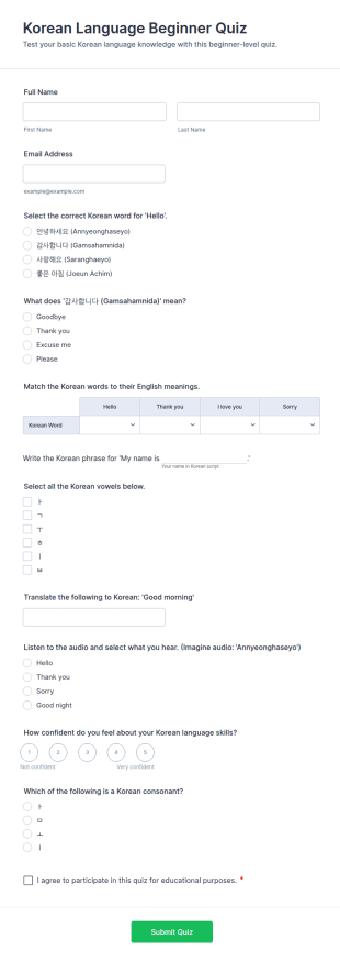 Korean Language Beginner Quiz Form Template