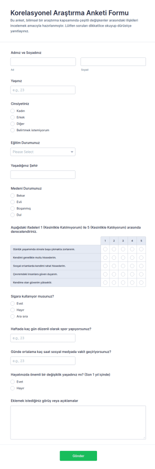 Korelasyon Araştırması Anketi Form Şablonu