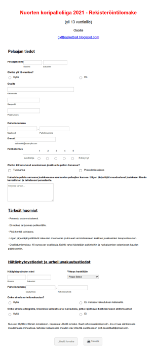 Koripalloliigan Rekisteröintilomake