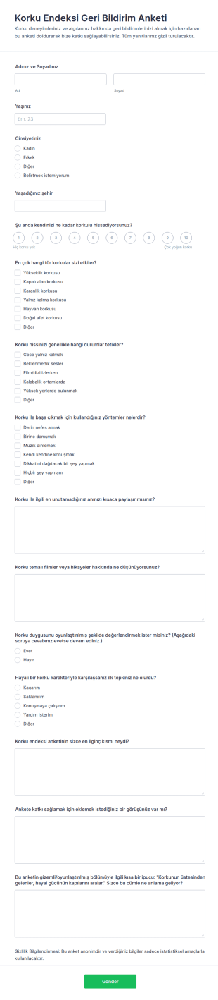 Korku Endeksi Geri Bildirim Anketi Form Şablonu