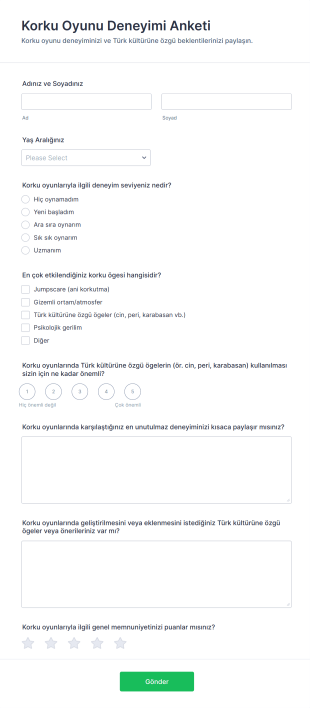 Korku Oyunu Deneyimi Anketi Form Şablonu
