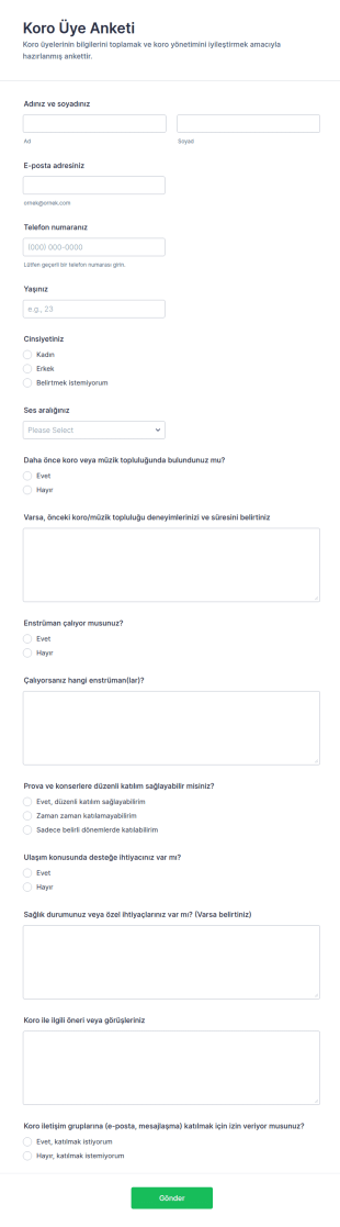 Koro Üye Anketi Form Şablonu