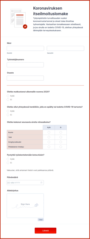 Koronaviruksen Itseilmoituslomake