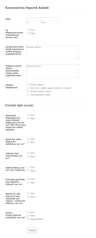 Koronavirüs Evden Çalışma Hazırlık Anketi Form Template