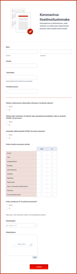 Koronavirus Itseilmoituslomake Kirkon Henkilökunnalle