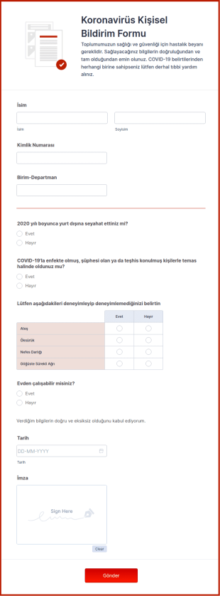 Koronavirüs Kişisel Bildirim Form Şablonu