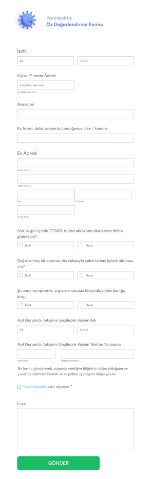 Koronavirüs Öz Değerlendirme Form Template