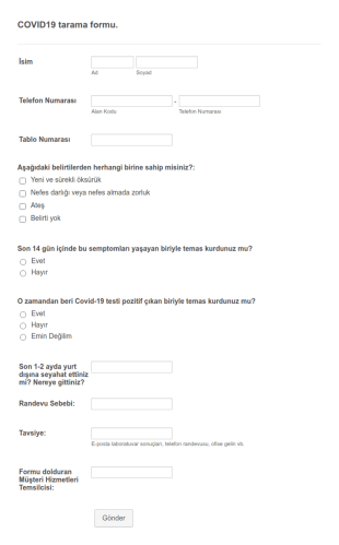 Koronavirüs Tarama Form Şablonu