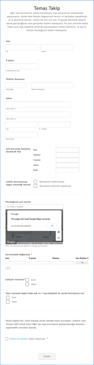 Koronavirüs Temas Takip Form Template