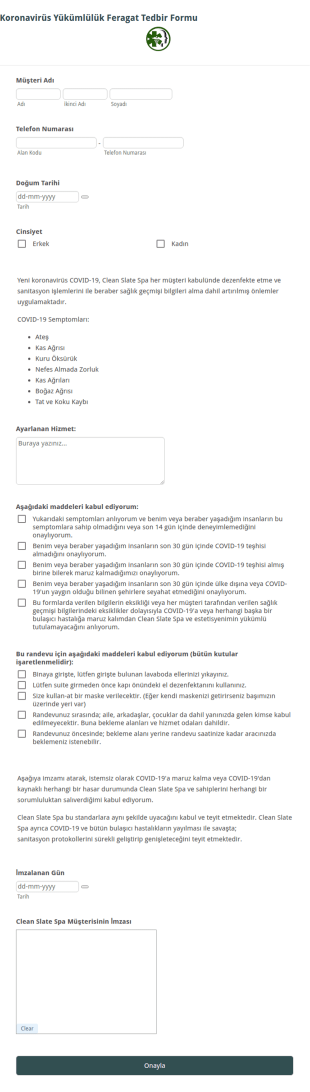 Koronavirüs Yükümlülük Feragat Tedbir Form Şablonu