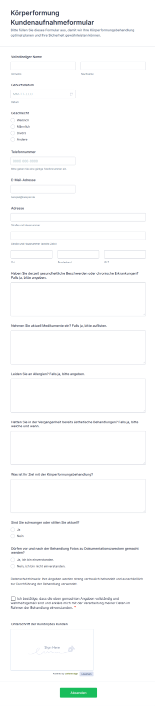 Körperformung Kundenaufnahmeformular