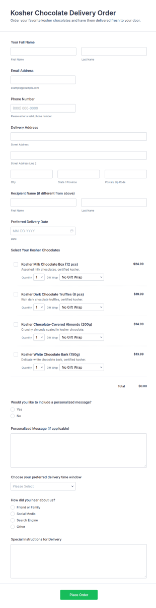 Kosher Chocolate Delivery Order Form Template