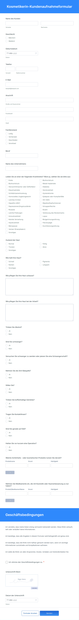Kosmetikerin Kundenaufnahmeformular