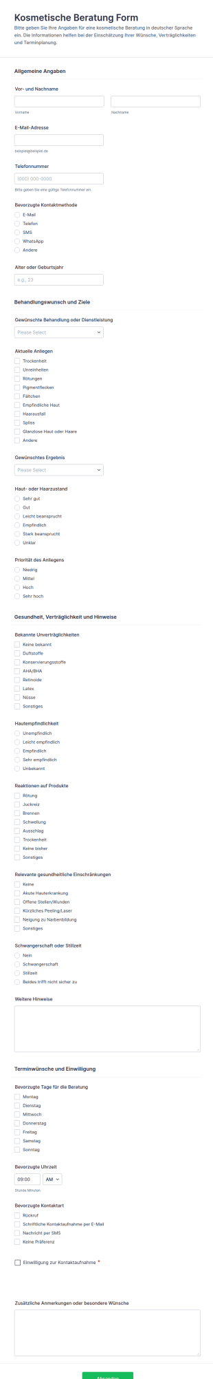 Kosmetik Kundenberatungsformular