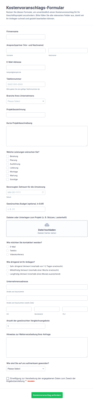 Kostenanfrage Zur Angebotsermittlung