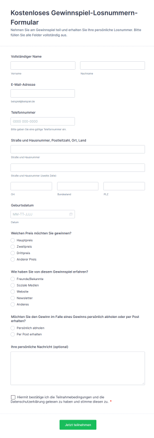 Kostenloses Gewinnspiel Losnummern Formular