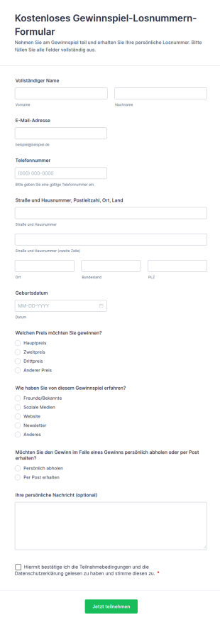 Kostenloses Gewinnspiel Losnummern Formular