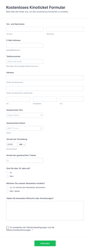 Kostenloses Kinoticket Formular