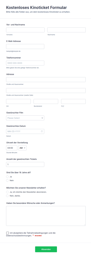 Kostenloses Kinoticket Formular